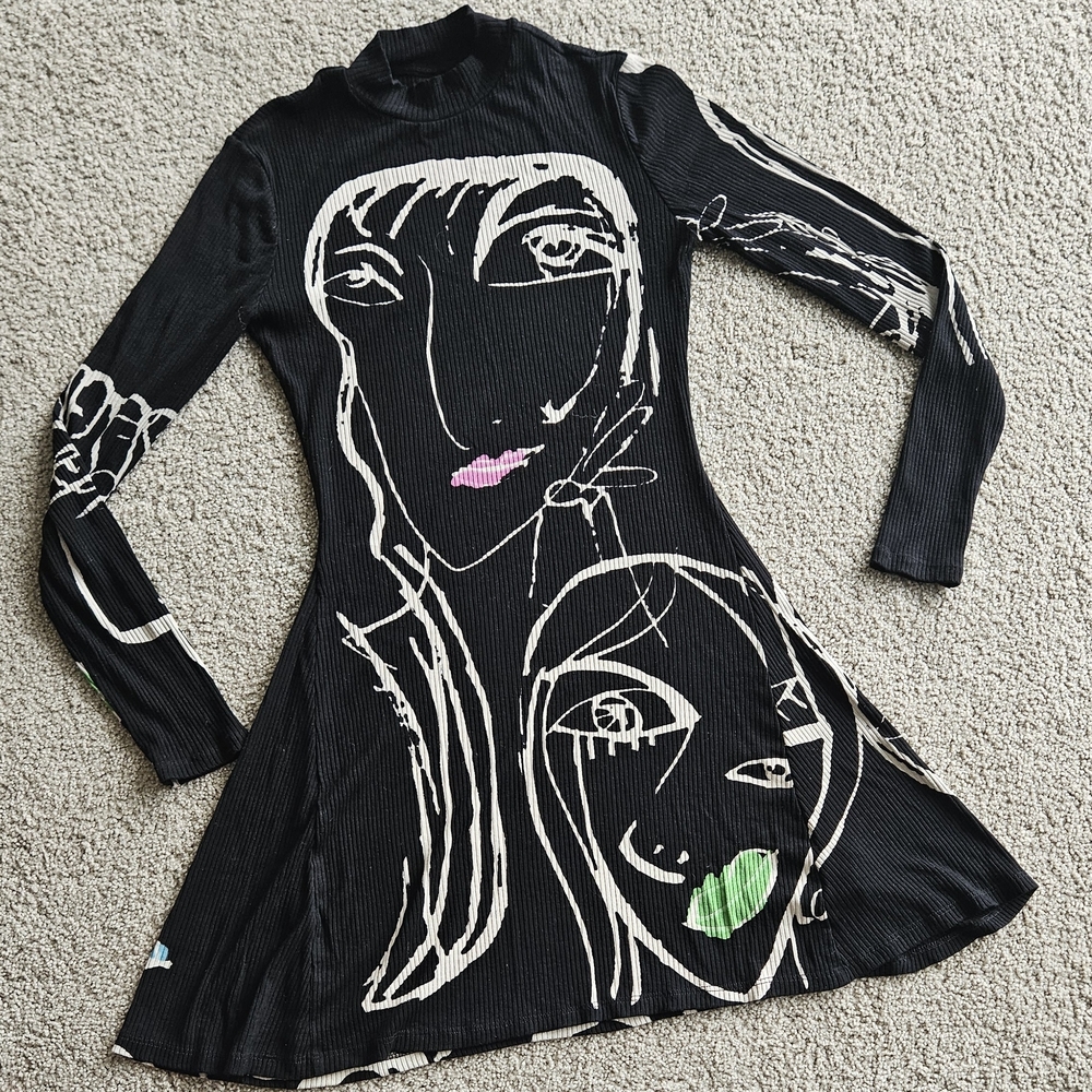 Desigual Black Asymmetrical Dress with Artistic Print. Size M.